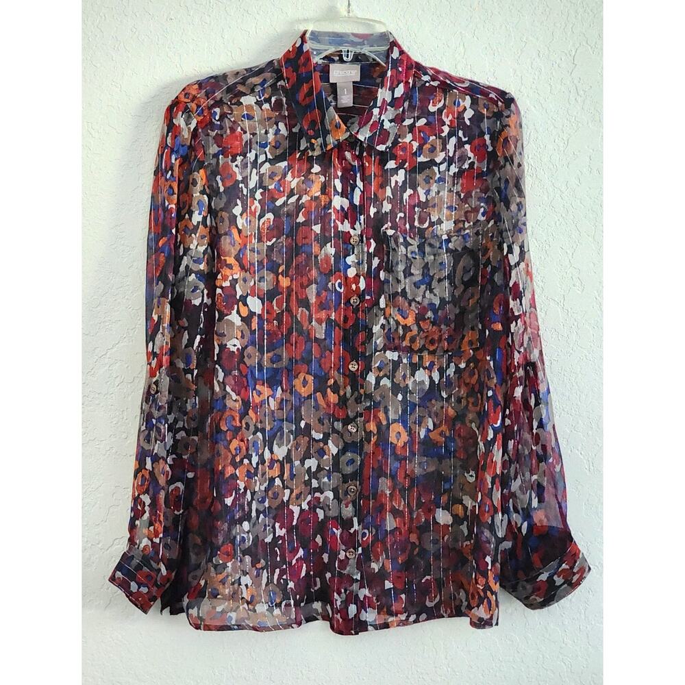 Top/Blouse-Chico's-Multi Color-Silver Glimmer-Sheer-Shirt Style-Chico's 1/SM